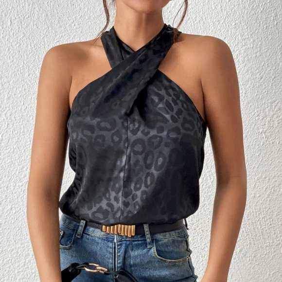 Luxe leopard print Satin Halter Top - Picture 4 of 5